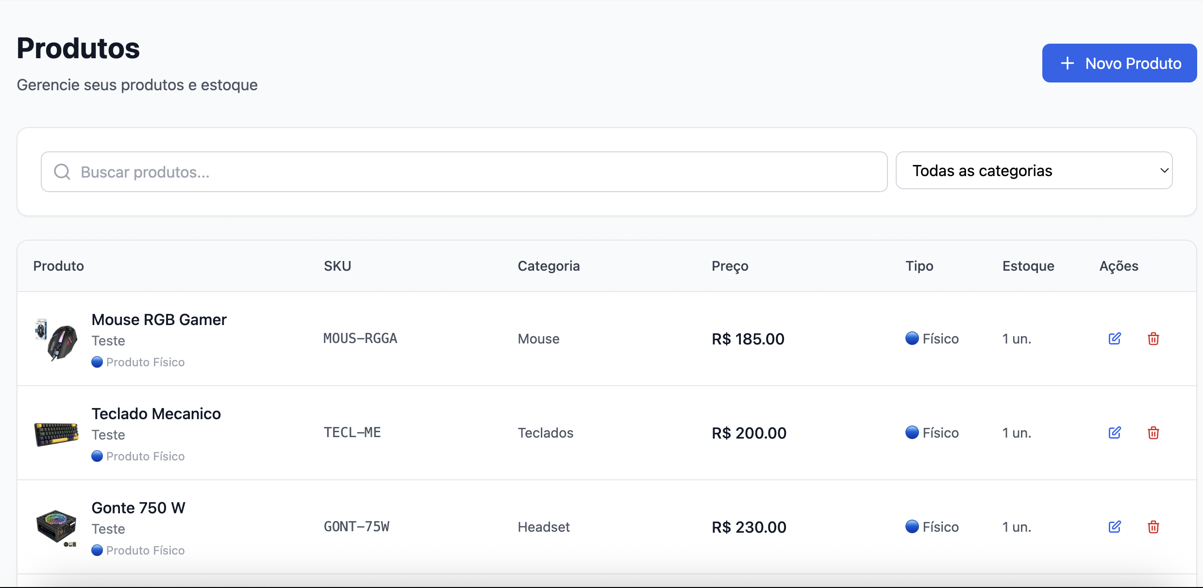 Gestão de produtos com estoque e variações no catálogo digital